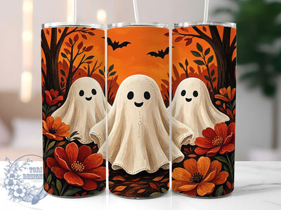 Autumn Ghosts 20oz Tumbler, Fall Spirits, Spooky Cute, Kawaii Goth, Orange And White, Playful Horror, Seasonal Haunt, Sublimation Wrap Sublimation ToriDesigns 