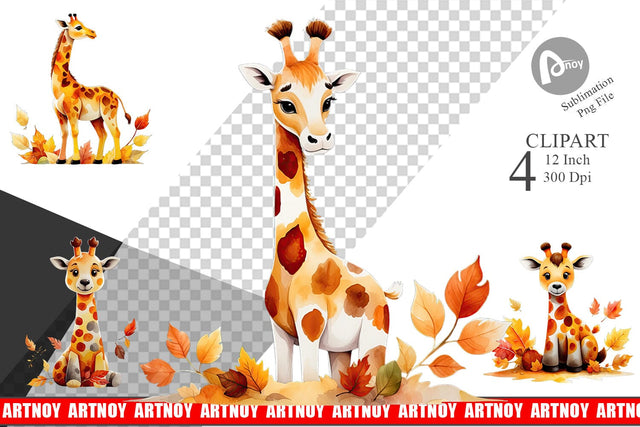 Autumn Giraffe Watercolor Clipart Sublimation artnoy 
