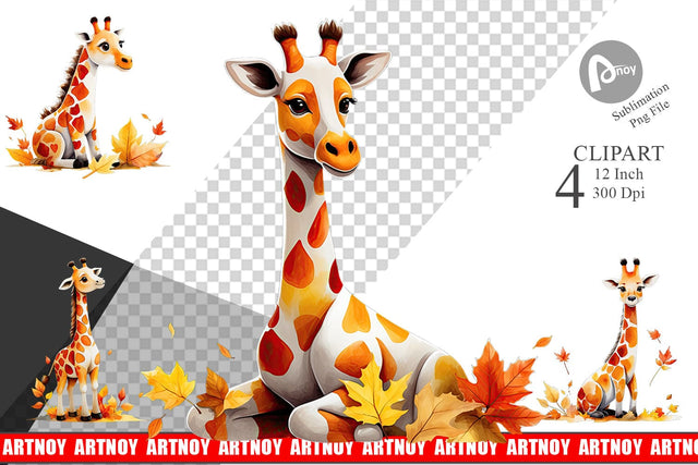 Autumn Giraffe Watercolor Clipart Sublimation artnoy 