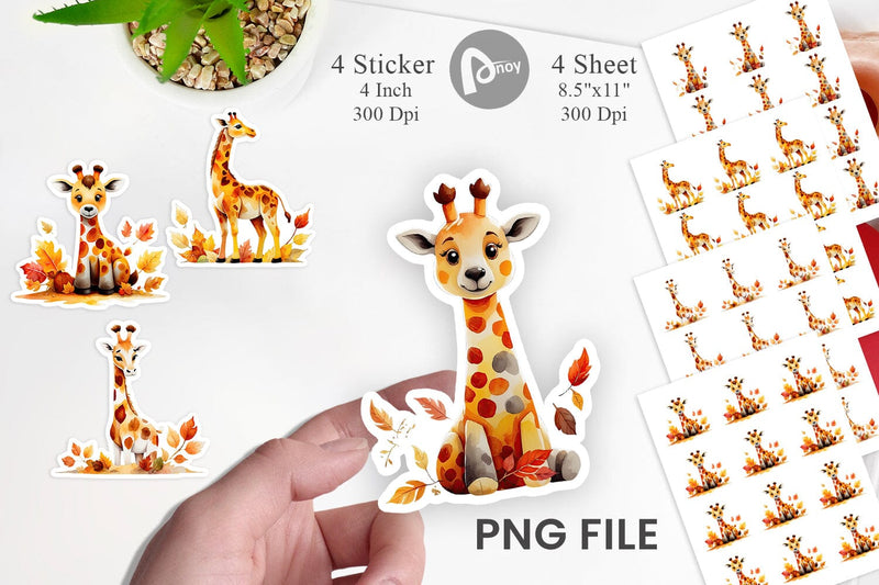 Autumn Giraffe Watercolor Sticker Sublimation artnoy 