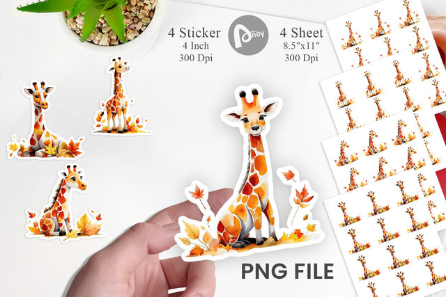 Autumn Giraffe Watercolor Sticker Sublimation artnoy 
