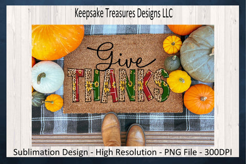 Autumn, Give Thanks, Leopard and Sunflower Doodle Letters, Sublimation PNG, Autumn Tess, Digital Download Sublimation Keepsake Treasures Designs LLC. 