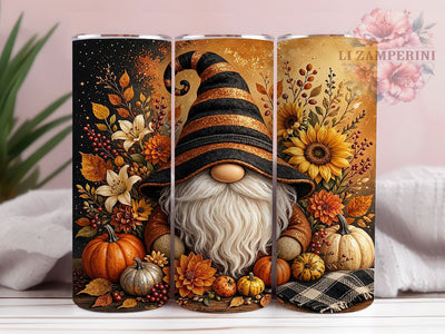Autumn Gnome Floral 20oz Tumbler, Autumn Gnome, Floral Pattern, Fall Theme, Harvest Motif, Rustic Charm, 20oz Wrap, Sublimation Tumbler Sublimation Li Zamperini 
