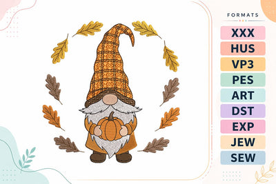 Autumn Gnome with Pumpkin and Fall Leaves Embroidery Design Embroidery/Applique DESIGNS sg embroidery 