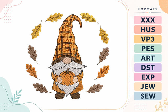 Autumn Gnome with Pumpkin and Fall Leaves Embroidery Design Embroidery/Applique DESIGNS sg embroidery 