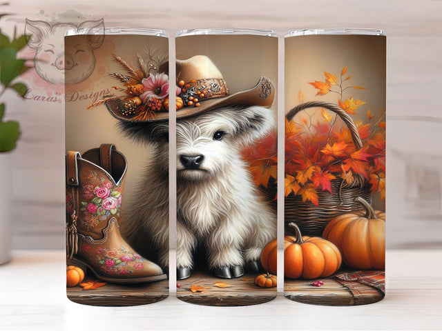 Autumn Highland Cow Pumpkin Tumbler, Highland Cow Wrap, Pumpkin Cowgirl, Western Sublimation, Rustic Farmhouse, Fall Country Style, 20oz Tumbler Design Sublimation Lara' s Designs 