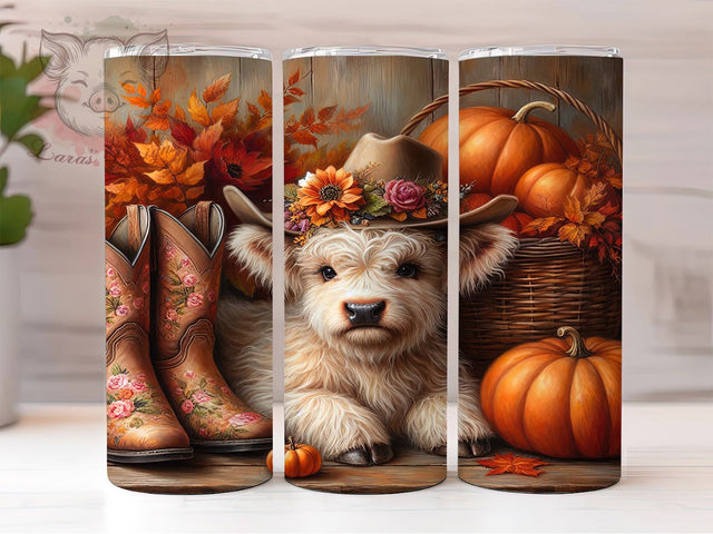 Autumn Highland Cow Pumpkin Tumbler, Highland Cow Wrap, Pumpkin Cowgirl, Western Sublimation, Rustic Farmhouse, Fall Country Style, 20oz Tumbler Design Sublimation Lara' s Designs 