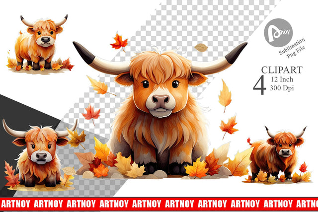 Autumn Highland Cow Watercolor Clipart Sublimation artnoy 