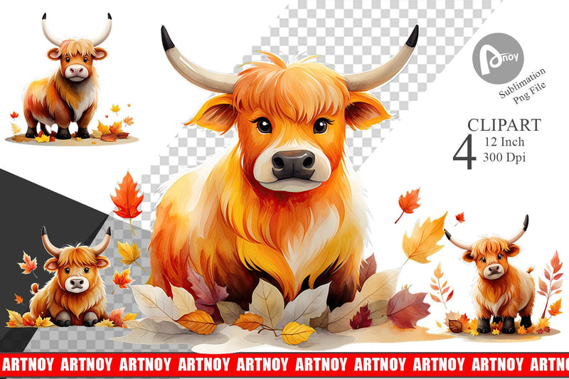 Autumn Highland Cow Watercolor Clipart Sublimation artnoy 