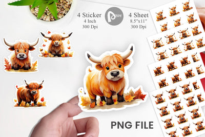 Autumn Highland Cow Watercolor Sticker Sublimation artnoy 