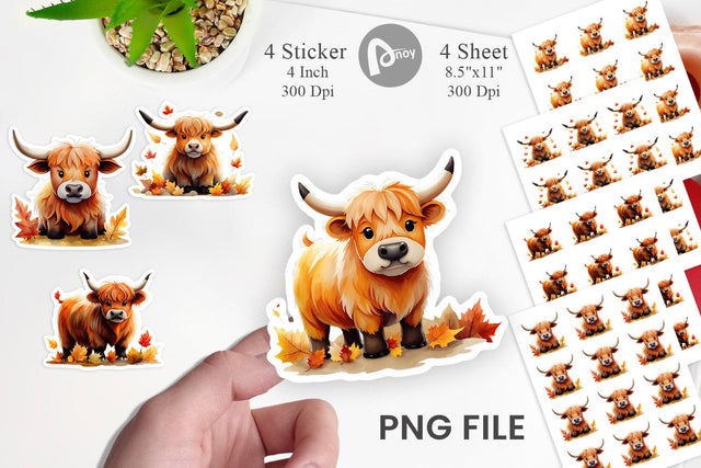 Autumn Highland Cow Watercolor Sticker Sublimation artnoy 