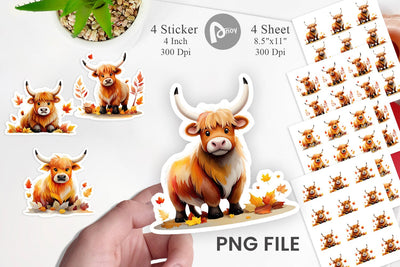 Autumn Highland Cow Watercolor Sticker Sublimation artnoy 