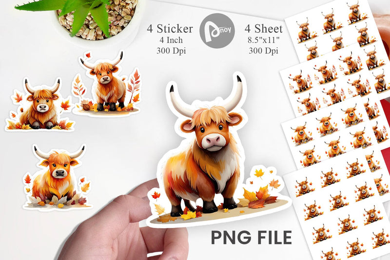 Autumn Highland Cow Watercolor Sticker Sublimation artnoy 