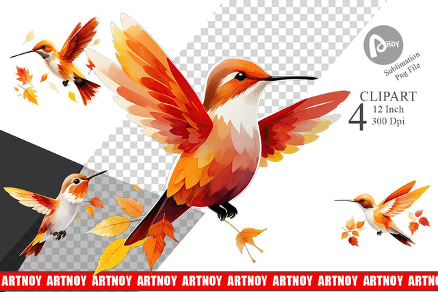 Autumn Hummingbird Watercolor Clipart Sublimation artnoy 