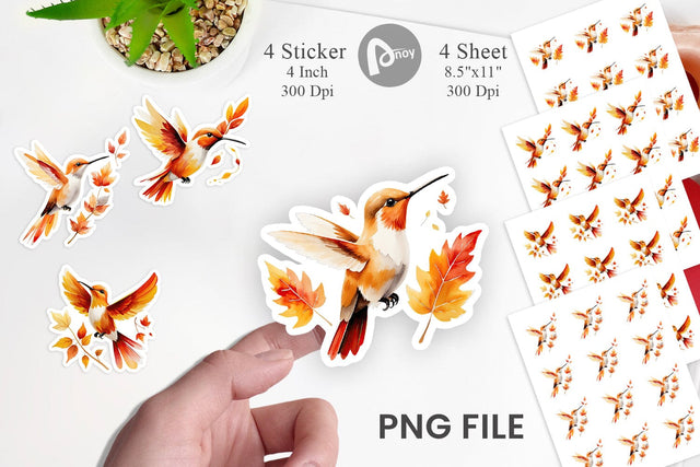 Autumn Hummingbird Watercolor Sticker Sublimation artnoy 