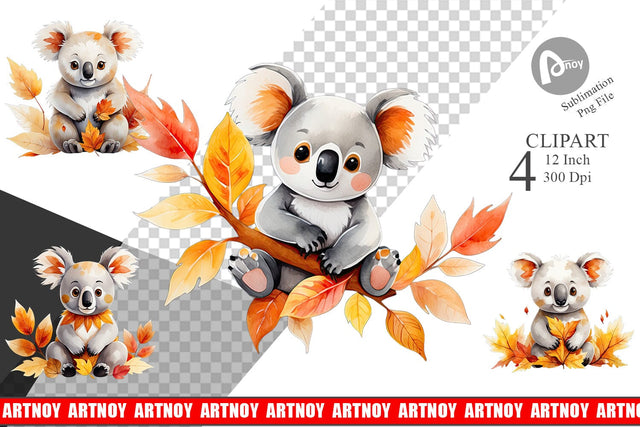 Autumn Koala Watercolor Clipart Sublimation artnoy 