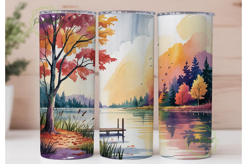 Autumn Lakeside Forest 20oz Tumbler Wrap Sublimation PixelChick 