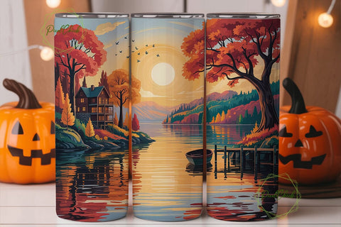 Autumn Lakeside Sunset 20oz Tumbler Wrap Sublimation PixelChick 
