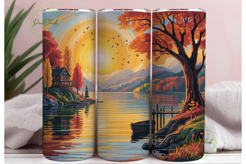 Autumn Lakeside Sunset 20oz Tumbler Wrap Sublimation PixelChick 