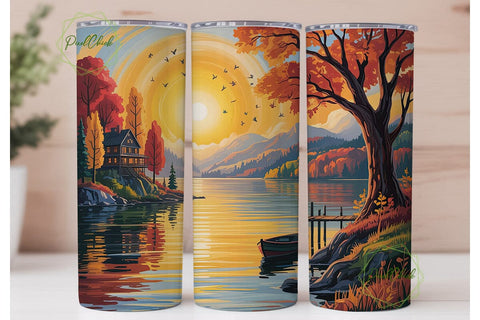 Autumn Lakeside Sunset 20oz Tumbler Wrap Sublimation PixelChick 