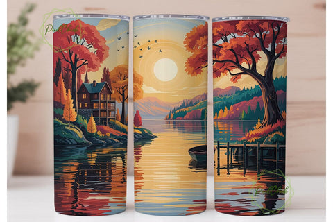 Autumn Lakeside Sunset 20oz Tumbler Wrap Sublimation PixelChick 