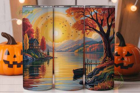 Autumn Lakeside Sunset 20oz Tumbler Wrap Sublimation PixelChick 