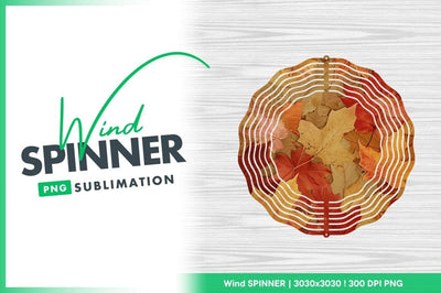 Autumn Leaf Wind Spinner Round Png Design on White Wood Grain Background Sublimation Regulrcrative 