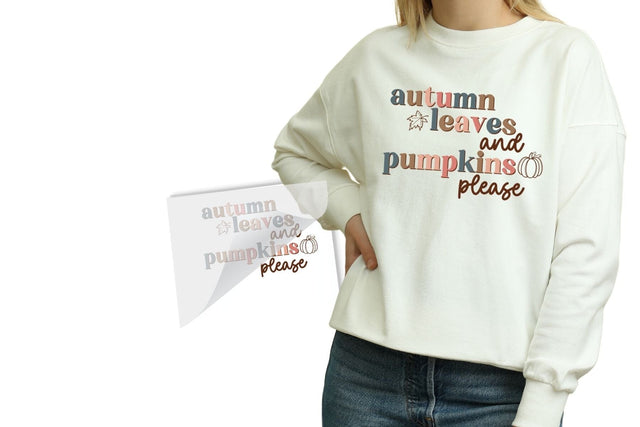 Autumn Leaves and Pumpkins Please DTF Heat Transfer Physical So Fontsy T-Shirt Iron-On Transfer Shop