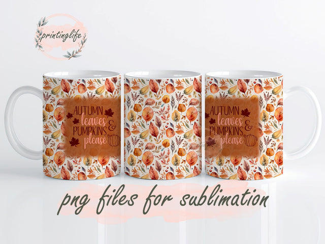 Autumn Leaves & Pumpkins Mug Wrap Design, Instant Digital Design Download Mug Wrap Design, Mug Design PNG Sublimation PrintingLife 