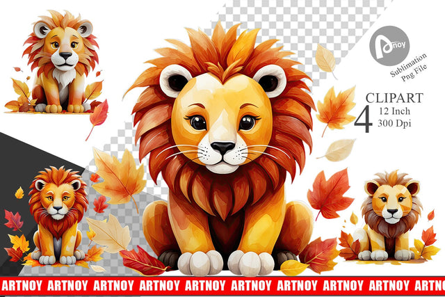 Autumn Lion Watercolor Clipart Sublimation artnoy 