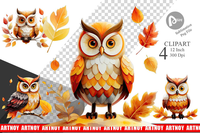 Autumn Owl Watercolor Clipart Sublimation artnoy 