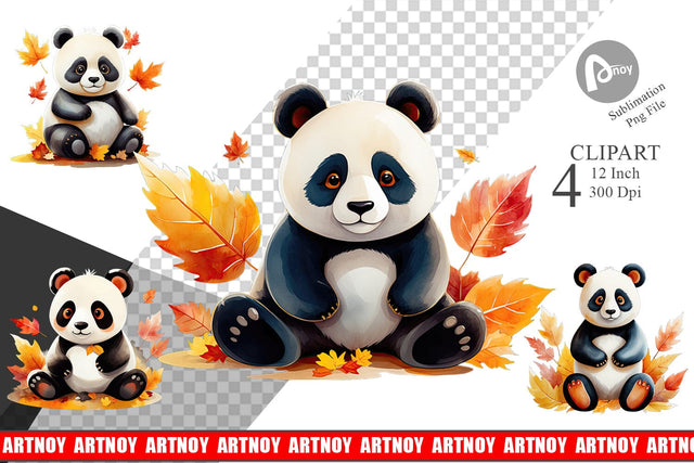 Autumn Panda Watercolor Clipart Sublimation artnoy 