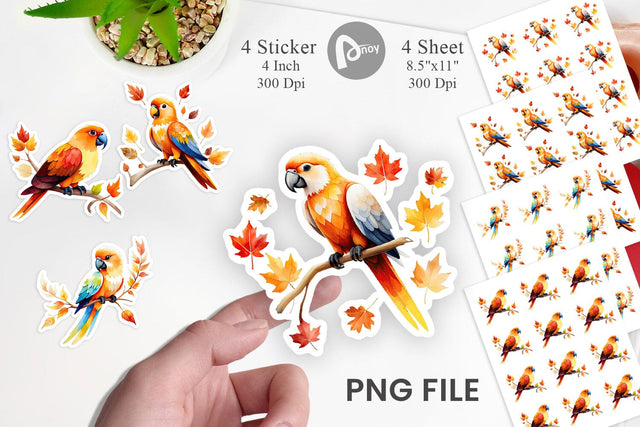 Autumn Parrot Watercolor Sticker Sublimation artnoy 