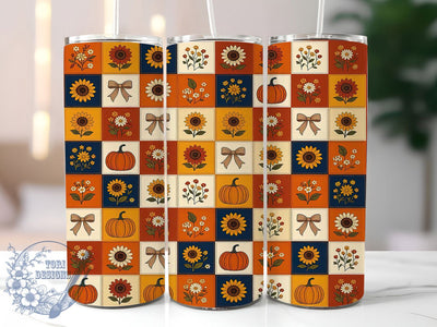 Autumn Patchwork Quilt Charm 20oz Tumbler, Patchwork Motif, Autumn Theme, Quilt Art Design, Charm Accent, Cozy Style, Sublimation Wrap, 20oz Tumbler Sublimation ToriDesigns 