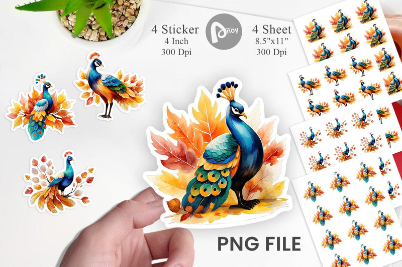 Autumn Peacock Watercolor Sticker Sublimation artnoy 