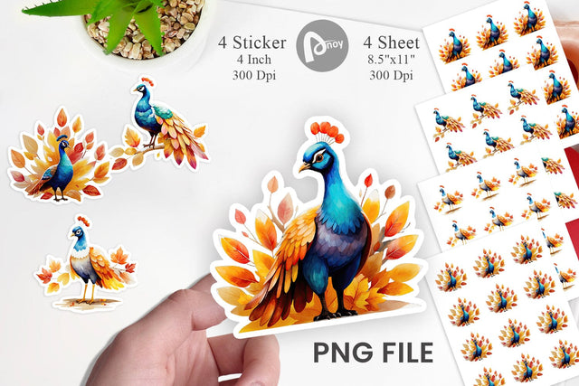 Autumn Peacock Watercolor Sticker Sublimation artnoy 