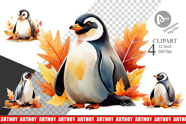 Autumn Penguin Watercolor Clipart Sublimation artnoy 