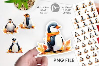 Autumn Penguin Watercolor Sticker Sublimation artnoy 
