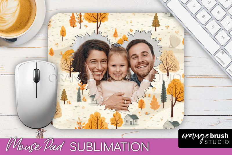 Autumn Photo Frame Mouse Pad Sublimation, Add Your Picture Sublimation OrangeBrushStudio 