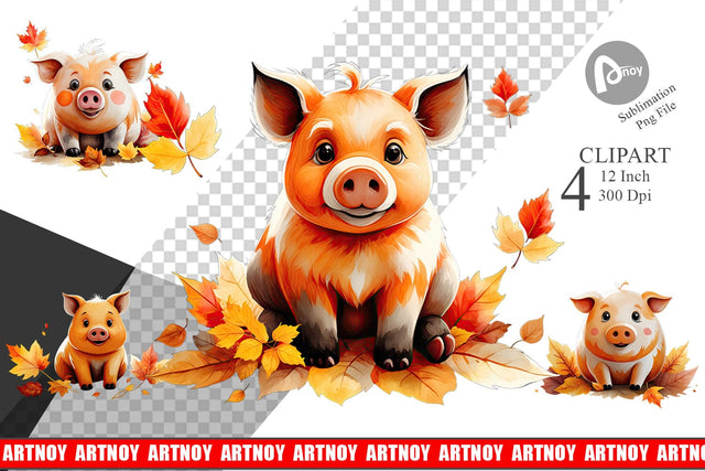 Autumn Pig Watercolor Clipart Sublimation artnoy 