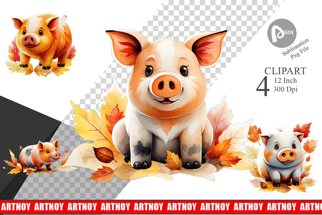 Autumn Pig Watercolor Clipart Sublimation artnoy 