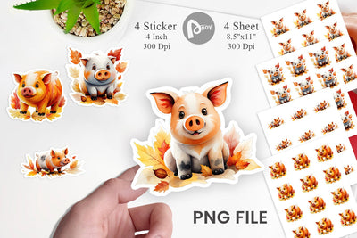 Autumn Pig Watercolor Sticker Sublimation artnoy 
