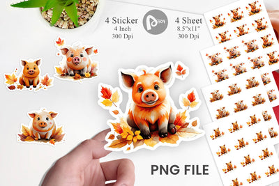 Autumn Pig Watercolor Sticker Sublimation artnoy 
