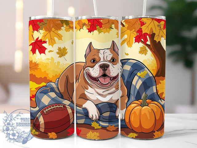 Autumn Pitbull Puppy Tumbler Wrap, Fall Puppy Cup, Pumpkin Dog Mug, Football Puppy Tumbler, 20oz Sublimation, Autumn Dog Design, Cute Pitbull Drinkware Sublimation ToriDesigns 