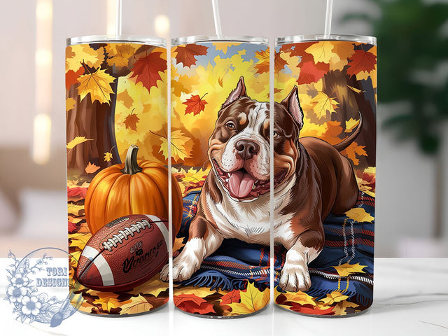 Autumn Pitbull Puppy Tumbler Wrap, Fall Puppy Cup, Pumpkin Dog Mug, Football Puppy Tumbler, 20oz Sublimation, Autumn Dog Design, Cute Pitbull Drinkware Sublimation ToriDesigns 