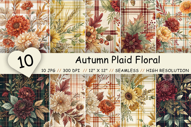 Autumn Plaid Floral Digital Paper, Seamless Watercolor Pattern Bundle, Printable Scrapbook Paper, Harvest Tartan Design Collection Digital Pattern FloridPrintables 