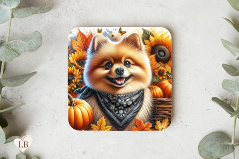 Autumn Pomeranian Coaster, Fall Dog Square Coaster Sublimation Sublimation BijouBay 