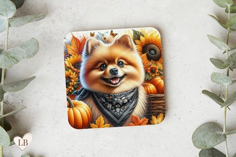 Autumn Pomeranian Coaster, Fall Dog Square Coaster Sublimation Sublimation BijouBay 