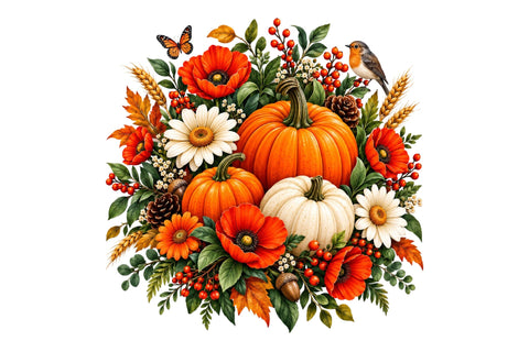 Autumn Pumpkin Floral Clipart PNG Sublimation SVGArt 