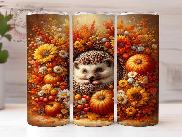 Autumn Pumpkin Hedgehog Tumbler, Pumpkin Floral Wrap, Autumn Hedgehog Cup, 20oz Sublimation Wrap, Cute Fall Animal Tumbler, Seasonal Pumpkin Design Cup, Cozy Autumn Theme Wrap Sublimation Lara' s Designs 